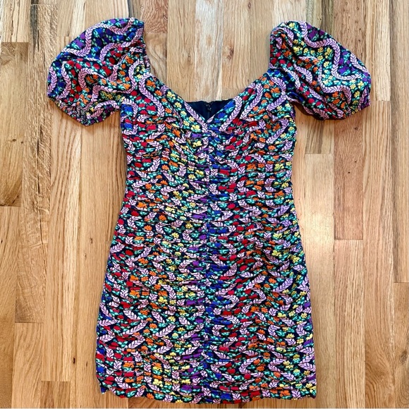 RHODE Esme Love is a Rainbow Ruched Puff Sleeve Floral Mini Dress Sz 6 - Picture 4 of 10